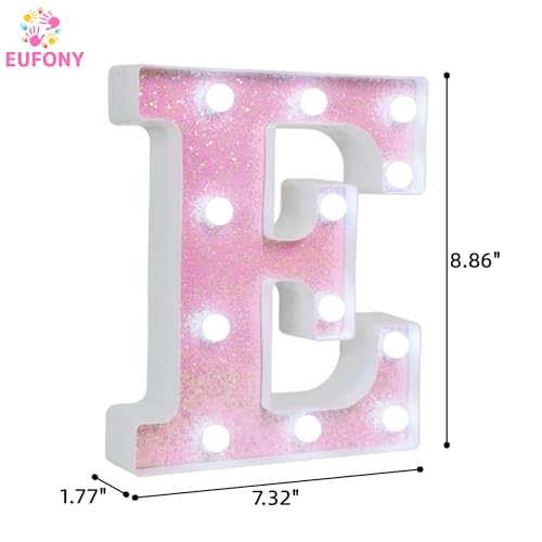 Image of Pink Glitter Marquee Light Up Letters, Battery Operated LED Letter Lights Signs for Pink Birthday Party Table Decorations, Wall Decor for Girls Bedroom, Initial Letter E with Cool White Lights