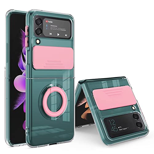 Didan Coulisse Caméra Coque pour Samsung Galaxy Z Flip 4 5G Cover avec Support à Bague Lentille Coulissante Couverture Transparent Coloré Étui Silicone Antichoc Housse,Rose