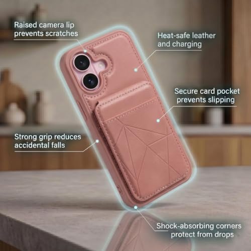 Image of amazon basics Premium Vegan Leather Back Cover with Card Holder and Integrated Mobile Stand for iPhone 16 - Slim Shockproof Wallet Case with Geometric Stitching [Pink]