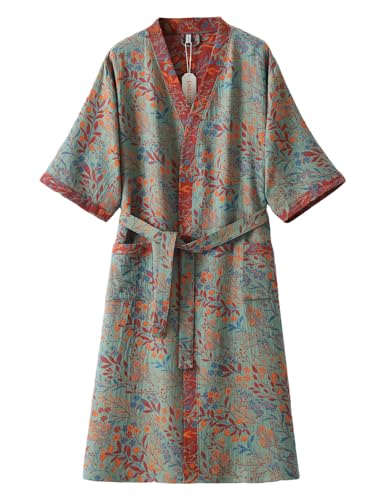 ENGLUCK Cotton Gauze Robe for Women Plus Size Kimono Robe Muslin Bathrobe with Belt & Pockets Lightweight Housecoat Yukata Loungewear Sleepwear Red