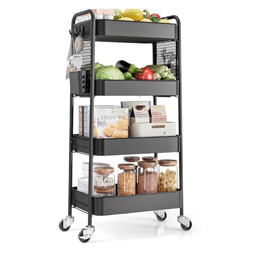 Urackify Carrito de Almacenamiento Rodante de Metal 4 Niveles, Carrito Utilitario con Tablero de Clavijas, Cestas y Ganchos, Multiusos para Cocina y Hogar
