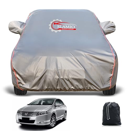 Image of Heavy-Duty Car Body Cover for Honda's City (2008-2013) | Waterproof, Dustproof, UV Protection, Custom Fit, Heavy Belt & Buckle with Mirror & Antenna Pocket | Dark Grey