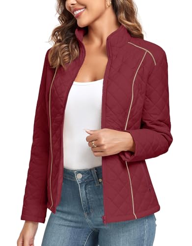 Anyhold Women's Lightweight Full Zip Jacket Diamond Quilted Coat Long Sleeve Stand Collar Trendy Winter with Pockets2