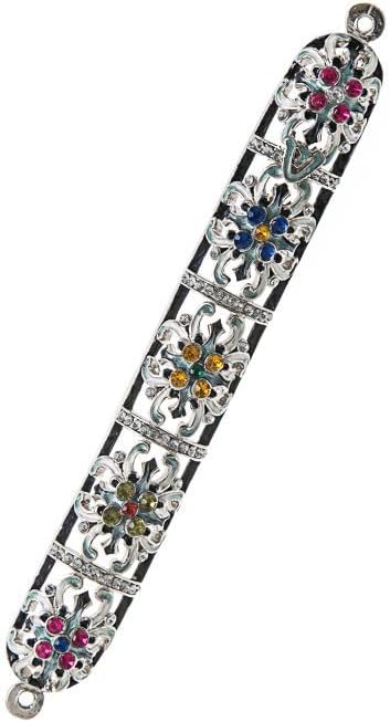 (D) Judaica Jeweled Silver Flower Mezuzah Case with Clear Stones 7.25''