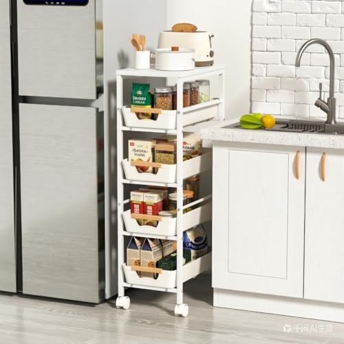 キッチンワゴン 収納カート 隙間収納 キャスター付き スライド式 （白・横幅24㎝）