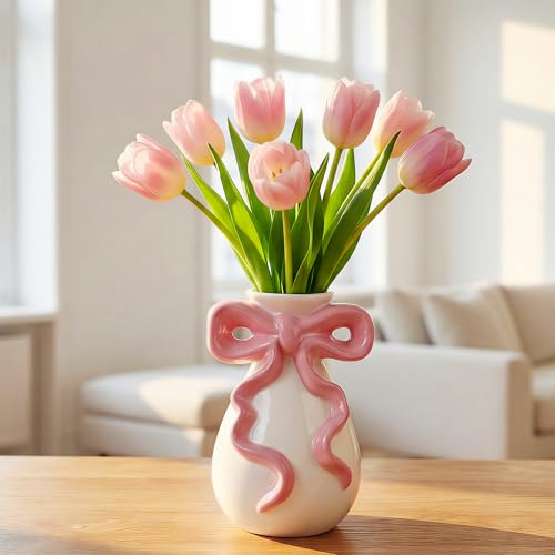Pink Bow Vase Cute Flower Vase with Bow Coquette Ceramic Vase for Flower