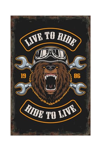 Xanovir Bear Tin Signs, Forest Metal Arts, Live to Ride, Wild Poster Positive Wall Decor Vintage Plaque for Man Cave, Bedroom, Home Kitchen Bar 8 X 12 Inches
