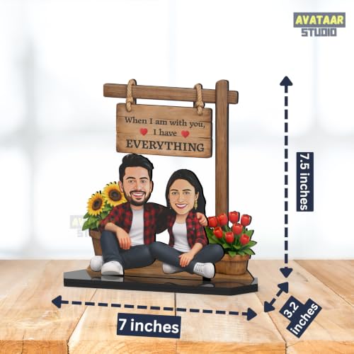 Image of Wood Rectangular Personalized Caricature Gift for Couple, 7 Inches, Tabletop Multicolor, Art Deco Style (COUPLE 13)