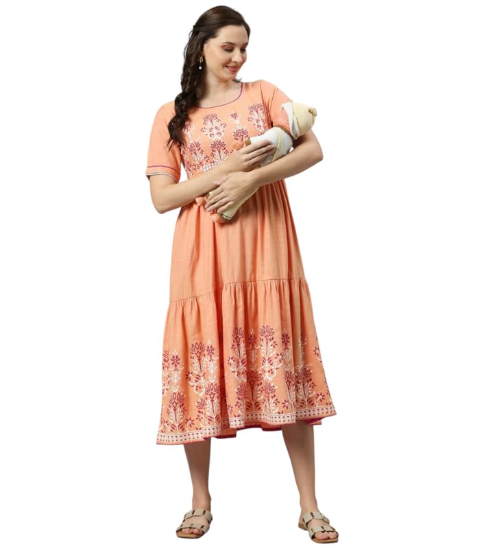 Image of DUMMY SHAPE Feeding Kurtis for Women Cotton Blend | Printed Pregnancy Flare Kurta with Dual Nursing Zippers to Pre & Post Partum | Maternity Dresses | Gifts for Pregnant Woman