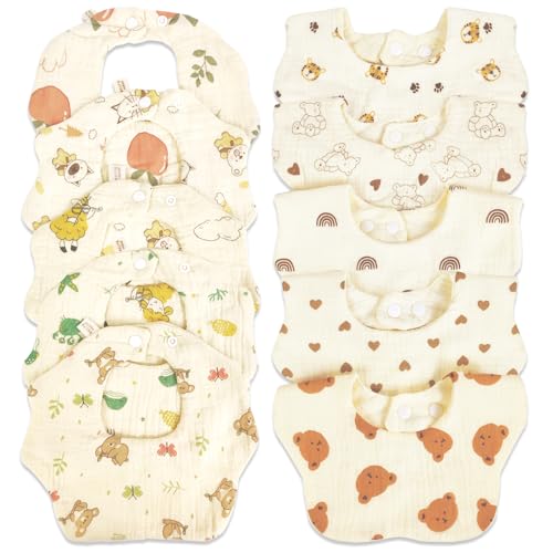DOSMINE Baby Bibs Muslin Bibs for Baby Girl Boy for Drooling and Teething 10 Pack Cartoon