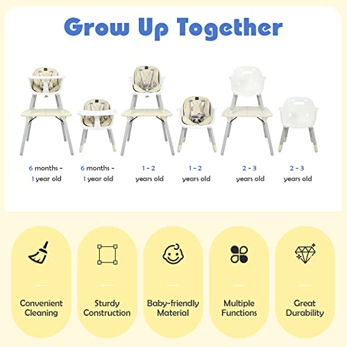 HONEY JOY 5-in-1 High Chair, Convertible Highchair for Babies and Toddlers/Kids Chair Table Set/Infant Feeding Chair w/Safety Harness, PU Leather Cushion & Removable Food Tray (Beige)