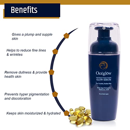 Image of Oceglow Korean Glow Serum for Intense Hydration & Glowing Skin | Infused with Gold & Hylauronic acid Serum | | Formulated & Made in Korea | Brightening Face Serum For Women & Men - 30ml