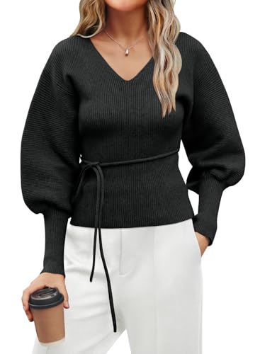 MIHOLL Womens Sweaters Trendy Sexy V Neck Puff Sleeve Pullover Dressy Casual Long Sleeve Fall Sweater Tops