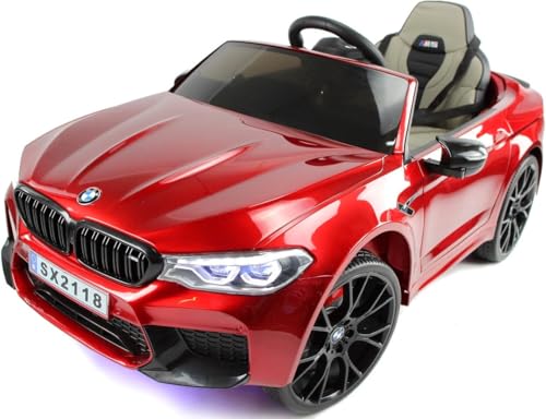 Playhouse Kinder Elektroauto BMW M5,Akku 12V-14ah,2X 12V Motoren, 4 Stoßdämpfer,LED, Lackiert, Eva Räder, Lederpolsterung, Kinderauto Kinderfahrzeug (2. Rot lackiert)