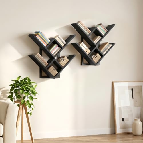 Image of HOOBRO Floating Shelves for Wall, Set of 2 Wall Mounted Shelves, 2-Tier Wooden Tree Bookshelf, Hanging Shelves Storage Rack, for Living Room, Kitchen, Office, Black BB54BJP201