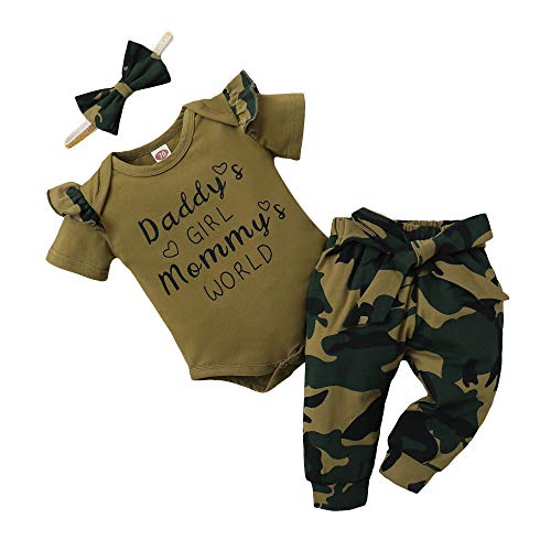 Image of Mioglrie Newborn Girl Clothes Romper Pants Set Baby Girl Clothes Letter Baby Girl Outfits Camo Baby Girl Clothes 0-3 Months