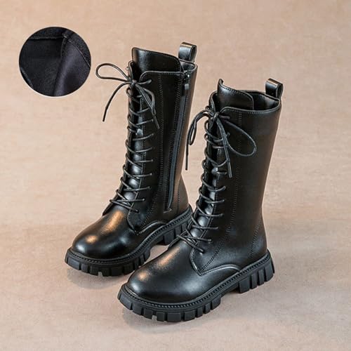 Girls Combat Boots Mid Calf Lace-up Riding Boots Fall Winter Fashion PU Leather Side Zipper Punk Goth Booties2