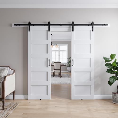 SmartStandard 56in x 84in (Double 28x84 Door) White Barn Door with 10FT Sliding Door Hardware Track Kit Included, Solid MDF Slab, 5-Panel, Suitable for Openings up to 54in x 82in 56"x84" Dou