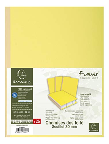 Exacompta 770005E 25er Pack Aktenmappen Forever®. Mit Leinenrücken 320 g/m² Rückenstärke 30 mm Falte Blauer Engel zertifiziert für DIN A4 gelb Sammelmappe Dokumentenmappe