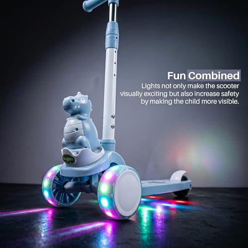 Image of Baybee Dino Blaze Kick Scooter for Kids | 3 Wheel Skate Scooter with RGB LED Wheels & Music | 3 Height Adjustable T-Bar Handle & Rear Brake | Foldable Skate Scooter for Kids 3 to 8 Years (Dark Blue)