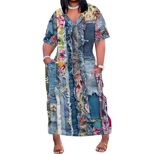 Image of SUZONANA Womens Plus Size Denim-Print Fashion Maxi Dresses Casual Soft Tshirt Dress
