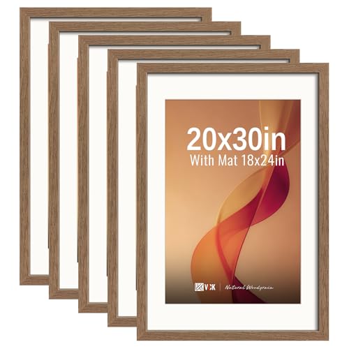 Image of VCK 20x30 Picture Frame 5 Pack, Walnut Exclusive Wood, 18x24 Mat, for Print