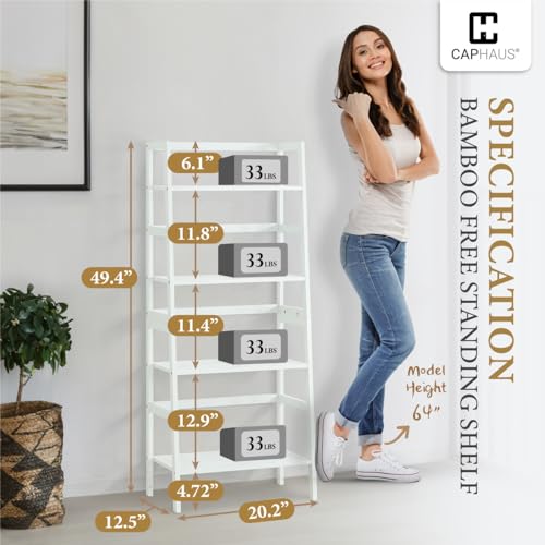 CAPHAUS-4-Tier-Bamboo-Ladder-Shelf-Bamboo-Open-Storage-Ladder-Bookshelf-Freestanding-Plant-Standing-Display-Stand-Multifunctional-Storage-Rack-Stand-for-Bathroom-Bedroom-Kitchen-White CAPHAUS 4 Tier Bamboo Ladder Shelf Bamboo Open Storage Ladder Bookshelf Freestanding Plant Standing Display Stand Multifunctional Storage Rack Stand for Bathroom Bedroom Kitchen White