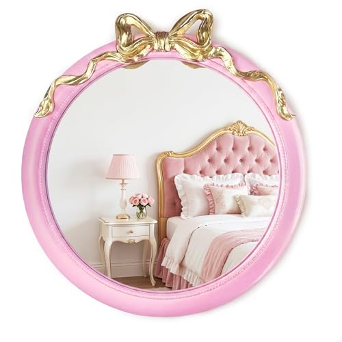 Image of 28x28 inch Pink Bow Mirrors for Wall, Round /Circle God Decorative Wall Mounted Mirror, Suitable for Bedroom, Hallway, Living Room Decoration, Nursery Room, Girl's Room