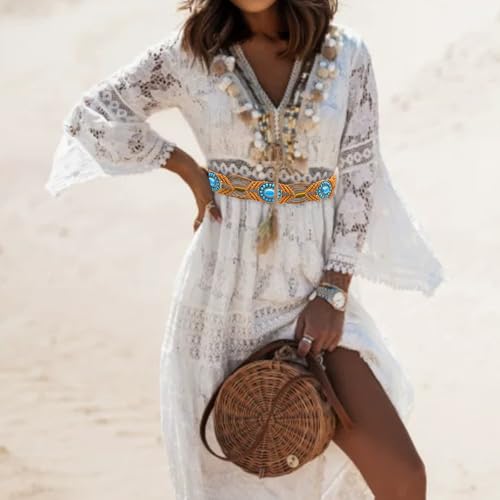 Boho Turquoise Belt for Women 2" Western Wax Rope Beaded Braided Waist Ethnic Hand-Woven Tassel Tie for Dress3