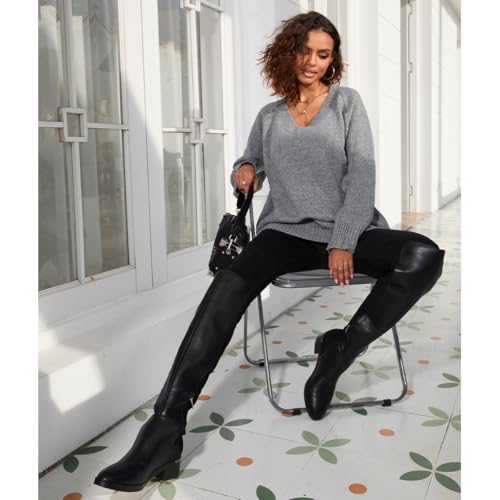 Women Over the Knee High Boots Chunky Heel Round Toe Low Heeled Boots with Stretchy Panel for Women Girls Ladies Fall Winter2
