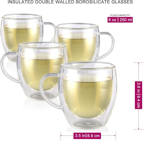 Image of Ash & Roh 250ml Heat Resistant Double Walled Glass Coffee Cups, Crystal Clear Insulated Mugs with Handle for Tea, Latte, Cappuccino (Pack of 4)