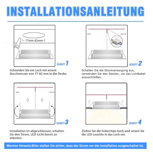 WeshLMPO LED Einbaustrahler 230V Flach 6er Set, 4W Deckenstrahler LED Spots, IP44 Deckenspots Led Einbauleuchten 350 Lumen Warmweiß 3000K, für Schlafzimmer Badezimmer Wohnzimmer Küche