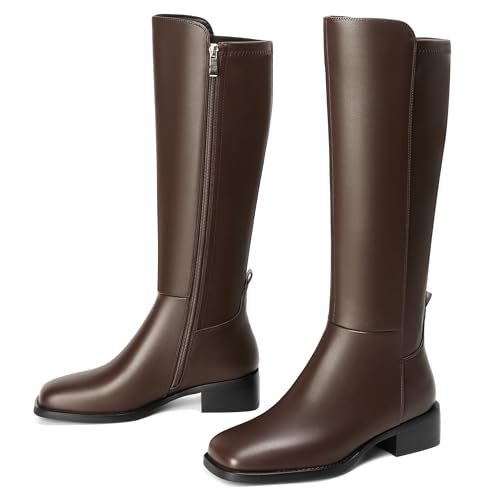 Image of vivianly Women's Knee-High Boots, Faux Leather Elastic Boots Low Heel Square Toe, Side Zipper Tall Boots
