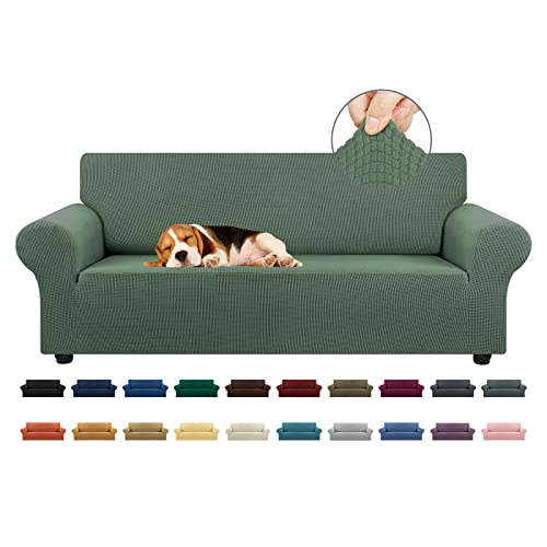 KEKUOU Stretch Sofa Cover Slipcover ,Couch Covers for 3 cushion couch sofa pet friendly (78"-94") Furniture Protector Sofa with Elastic Bottom for Kids,Dog, Jacquard Small Checked(Large,Greyish Green)
