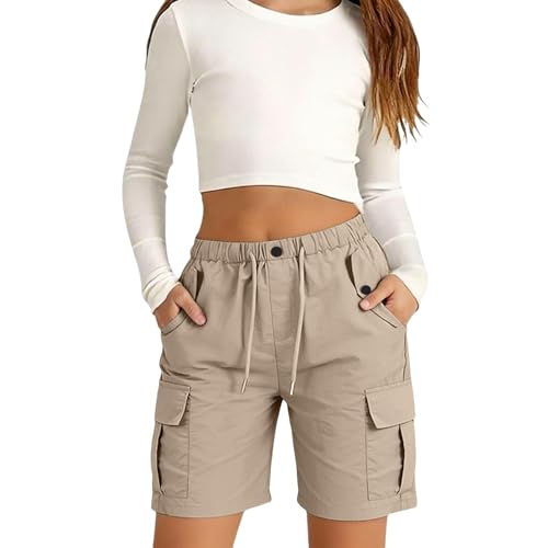 AIMAOMI Girls Hiking Cargo Shorts Kids Bermuda Athletic Summer Casual Uniform Baggy Cargo Shorts with Pockets for Girls Khaki 13-14 Years