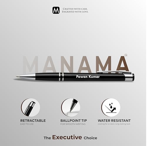 Image of MANAMA Retractable BallPoint Name Pens | Gun Metal Body | Refillable Blue Ink | Customized Gift For Men & Women | Ideal For Corporate Gifts, Office Employe, Diwali, Valentine, Birthday, Wedding