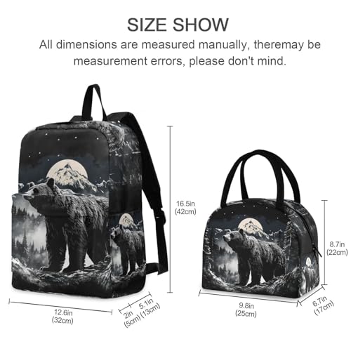 Backpack Lunch Box Set Large Capacity Travel Backpacks and Insulated Lunch Bag for Commute Hiking Picnic Night Bear Print2