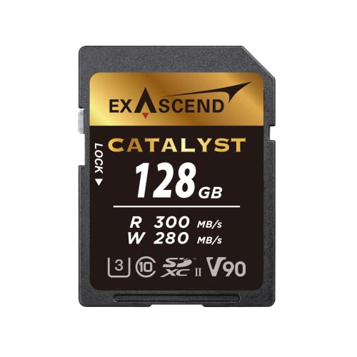 Exascend Carte SD Catalyst 64G/128G, C10, U3, V90, jusqu'à 300 Mo/s, compatible avec Canon, Nikon, Panasonic et autres appareils photo.