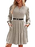 UEAL Womens Fall Dresses Casual Cute Long Sleeve Fit and Flare V Neck Winter Dress Small Khaki