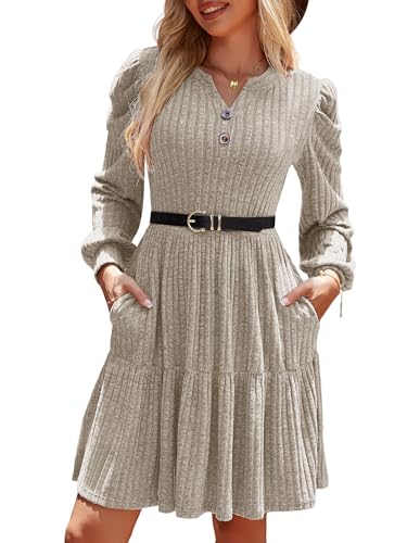 UEAL Fall Sweater Dresses for Women 2025 Modest Winter Puff Long Sleeve Dress V Neck Medium Khaki