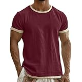 Baumwolle Leinen Tshirt Herren Sommer Kurzarmshirt Männer Freizeit T-Shirt Kurzarm Einfarbige Sportshirt Atmungsaktive Leicht Sport Herren-T-Shirt Lässige Bequeme Stretch 03 Wein XXL