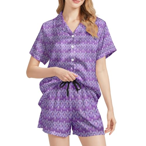 Image of Funny Pajamas for Women Set Print Satin Loungewear Pjs Short Sleeve Button Down Top and Shorts Sets Sleepwear XS-3XL