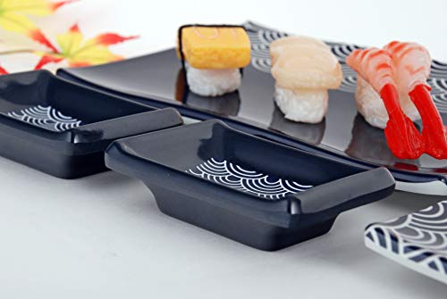 Hinomaru Collection 6 Piece Sushi Set Japanese Seigaiha Wave Design Melamine Sushi Plates Sauce Dish And Chopsticks Dinnerware Set For Two (Navy Blue) #TOP3