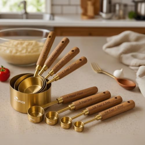Supvox® Measuring Cups and Spoons with Wood Handle Set of 8, Stai...