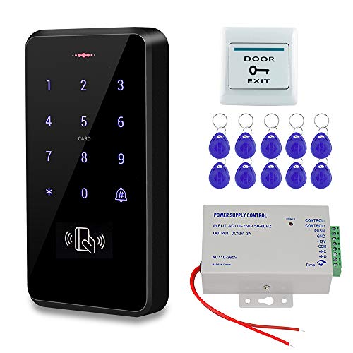 HFeng Kit de Sistema Control Acceso Para Puertas Exteriores IP68 Waterproof Lector de Tarjetas Teclado RFID + Fuente Alimentación + Botón Exit + 10pcs Keychains (sin cerradura)