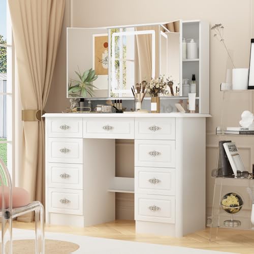 PREMTURE Coiffeuse Blanche en MDF 50 x 110 x 137 cm avec poignées Roses argentées, Table Maquillage à Trois miroirs et éclairage LED, 9 tiroirs et 5...