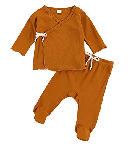 KMBANGI 2Pcs Newborn Infant Baby Girl Boy Cotton Pajamas Set Long Sleeve Kimono T-Shirt Top+Footies Pants Fall Winter Outfits (Brown, 0-3 Months)