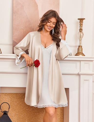 Ekouaer Silk Robe for Women Short Satin Robe 3/4 Sleeves Lace Trim Kimono Bathrobe Sexy Bride Bridsmaid Sleepwear with Pocket — view 3