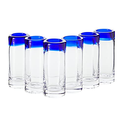 Set Of 6 Hand Blown Mexican Double Shot Glasses, 2Oz Cobalt Blue Rim Tequila Sipping Set #TOP5