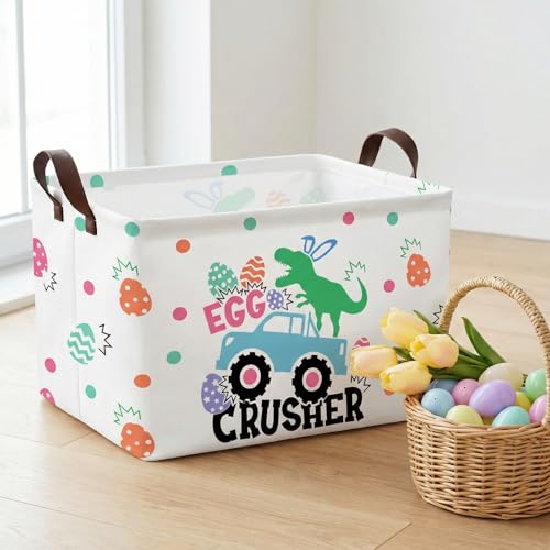 Image of Kid Rectangular Empty Easter Basket for Girl Boy Bunny Eggs Easter Basket Gift Baby Room Decor Storage Organizer (Monster Truck Dinosaur)